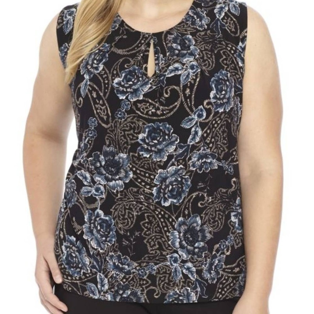 Kasper Blue  Pleated Sleeveless Paisley Print Knit Top‎ Medium